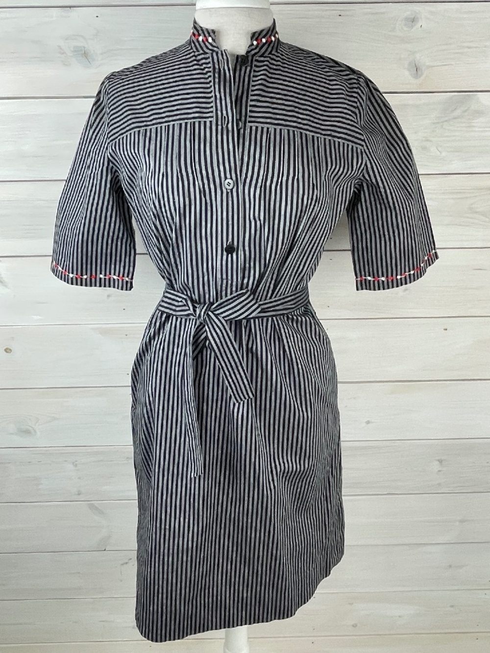 Lydia De Roma Italy Gray Black Stripe Short Sleeve Shirt Dress